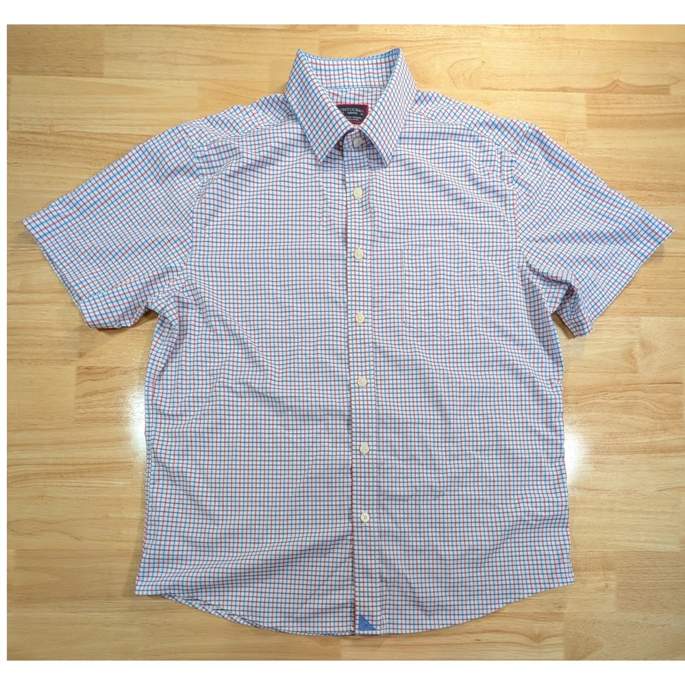 UNTUCKit Kemmeter Mens Medium Regular Fit Short Sleeve Plaid Button Up Shirt Red